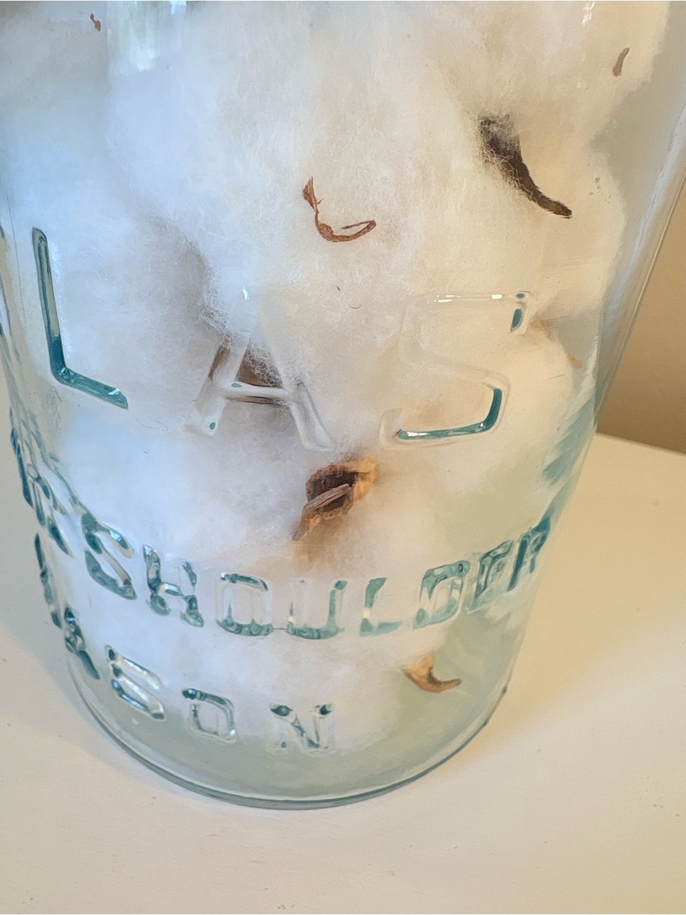 Antique MASON JAR “strong shoulder” blue Glass Jar with real cotton pieces